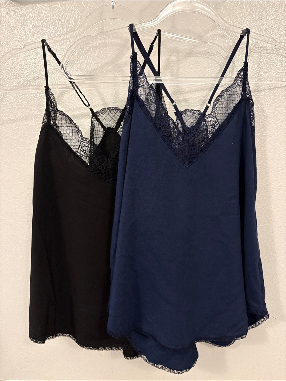 lovestitch Lace-Trim Satin Cami Tanks in Black & Navy